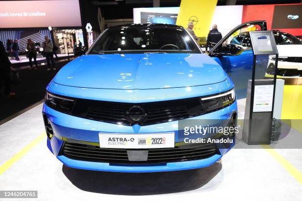Opel Astra -Q model is exhibited during the 100th Brussels Auto Show at the Expo Center in Brussels, Belgium on January 13, 2023. The fair, which can...