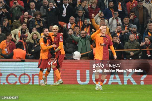 Juan Mata of Galatasaray celebrates after scoring the second goal for his team with Mauro Icardi and Kerem Akturkoglu during the Super Lig match...