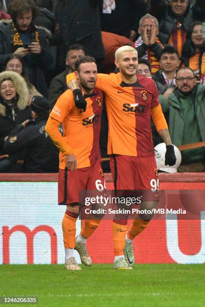 Juan Mata of Galatasaray celebrates after scoring the second goal for his team with Mauro Icardi during the Super Lig match between Galatasaray and...