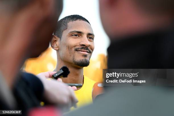 Sebastien Haller of Borussia Dortmund smiles during the friendly match between Borussia Dortmund and FC Basel on January 13, 2023 in Marbella, Spain.