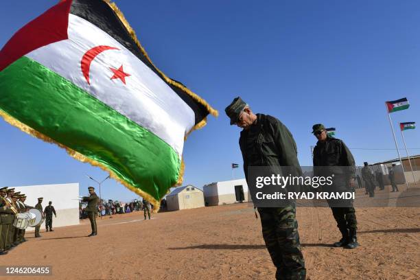 Brahim Ghali, President of the Sahrawi Arab Democratic Republic and Secretary-General of the Polisario front, salutes the flag of the Sahrawi Arab...