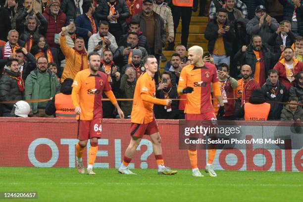 Juan Mata of Galatasaray celebrates after scoring the second goal for his team with Mauro Icardi and Kerem Akturkoglu during the Super Lig match...