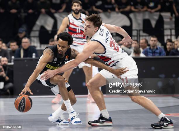 Kevin Punter of Partizan Mozzart Bet in action against Maik Kotsar of Cazoo Baskonia Vitoria arrives prior to the 2022-23 Turkish Airlines EuroLeague...