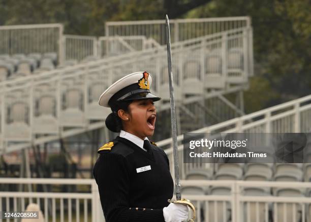 Indian Coast Guard personnel during a rehearsal for the upcoming Republic Day parade at Kartvaya Path on January 13, 2023 in New Delhi, India.