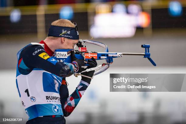 Johannes Thingnes Boe of Norway at the shooting range during the Men 4x7.5 km Relay at the BMW IBU World Cup Biathlon Ruhpolding on January 13, 2023...