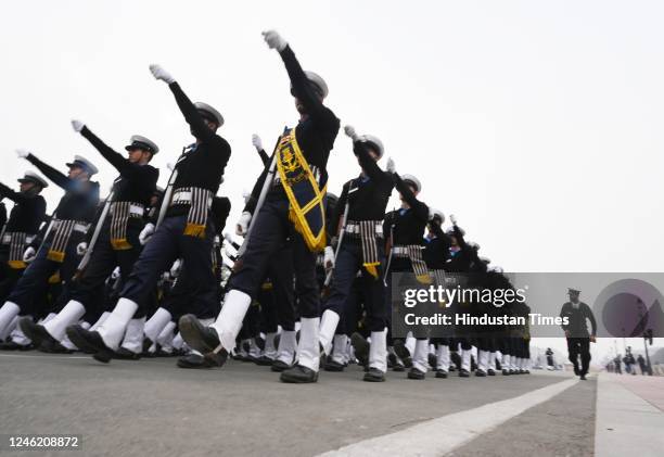 Indian Coast Guard personnel during a rehearsal for the upcoming Republic Day parade at Kartvaya Path on January 13, 2023 in New Delhi, India.