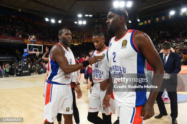 Bryant Dunston, #42 of Anadolu Efes Istanbul; Will Clyburn, #12 and Chris Singleton, #2 celebrfates at the end of the 2022-23 Turkish Airlines...