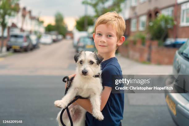 young boy holding his pet dog in a suburban street - pet leash stockfoto's en -beelden