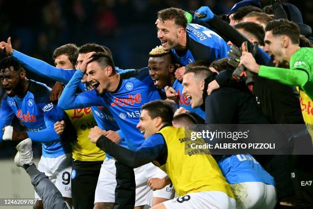 Napoli's players celebrate after winning the Italian Serie A football match between Napoli and Juventus at the Diego-Maradona stadium in Naples on...