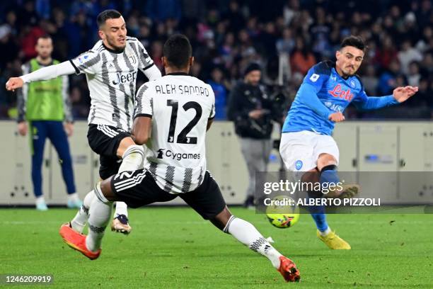 Napoli's Macedonian midfielder Eljif Elmas scores a goal during the Italian Serie A football match between Napoli and Juventus at the Diego-Maradona...