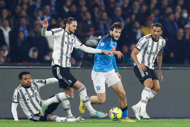 Adrien Rabiot of Fc Juventus and Khvicha Kvaratskhelia of SSC Napoli battle for the ball during the Serie A match between SSC Napoli_Juventus at...