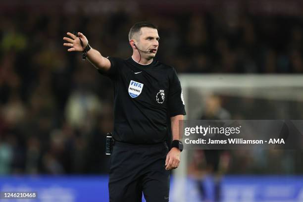 Referee Michael Oliver during the Premier League match between Aston Villa and Leeds United at Villa Park on January 13, 2023 in Birmingham, United...