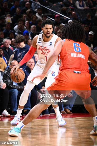 Tobias Harris of the Philadelphia 76ers dribbles the ball during the game against the Oklahoma City Thunder on January 12, 2023 at the Wells Fargo...