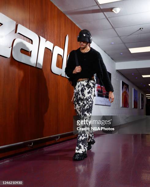 Kyle Kuzma of the Washington Wizards arrives to the arena before the game against the New York Knicks on January 13, 2023 at Capital One Arena in...