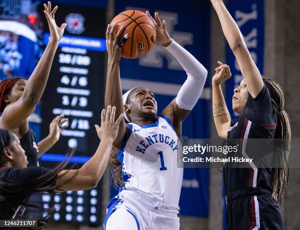 Robyn Benton of the Kentucky Wildcats shoots the ball against Victaria Saxton of the South Carolina Gamecocks at Memorial Coliseum on January 12,...