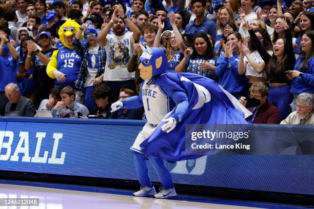 The mascot of the Duke Blue Devils performs during the game against the Pittsburgh Panthers at Cameron Indoor Stadium on January 11, 2023 in Durham,...