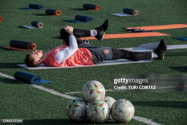 French goalkeeper Jeremy Vachoux, recently signed by the Carabobo Futbol Club team, takes part in a training session at the Empresas Polar sports...