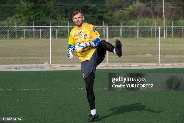 French goalkeeper Jeremy Vachoux, recently signed by the Carabobo Futbol Club team, takes part in a training session at the Empresas Polar sports...