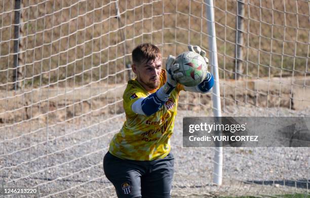 French goalkeeper Jeremy Vachoux, recently signed by the Carabobo Futbol Club team, takes part in a training session at the Empresas Polar sports...