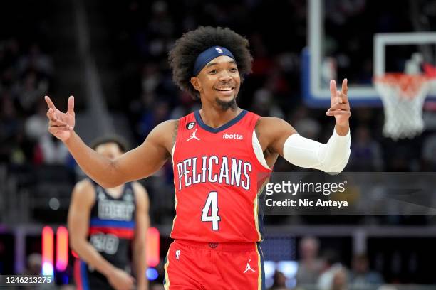 Devonte' Graham of the New Orleans Pelicans reacts against the Detroit Pistons during the second quarter of the game at Little Caesars Arena on...