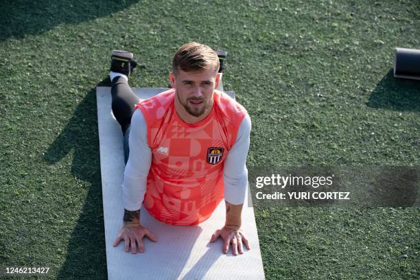 French goalkeeper Jeremy Vachoux, recently signed by the Carabobo Futbol Club team, takes part in a training session at the Empresas Polar sports...