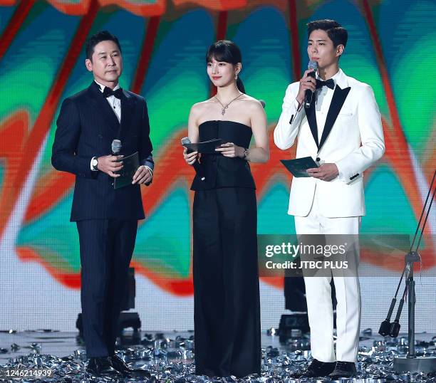 Shin Dong-Yup, Suzy, Park Bo-Gum attend the 56th Baeksang Arts Awards at Kintex on June 05, 2020 in Goyang, South Korea.