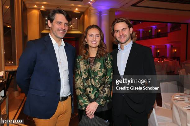 Prince Ludwig of Bavaria, Sophie-Alexandra Evekink, Jacob Burda during the DLD Reception at Hotel Bayerischer Hof on January 13, 2023 in Munich,...