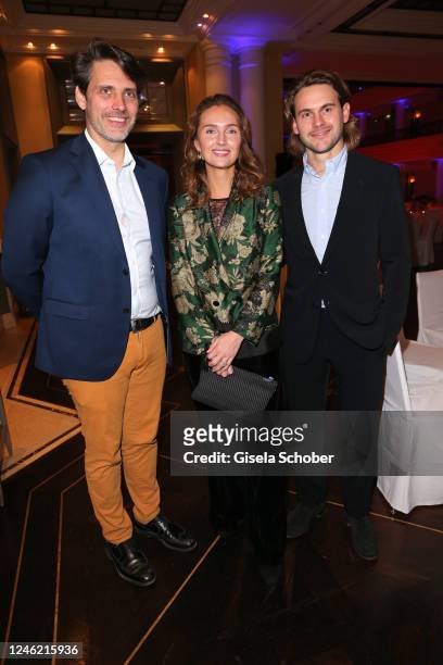 Prince Ludwig of Bavaria and his fiance Sophie-Alexandra Evekink and Jacob Burda during the DLD Reception at Hotel Bayerischer Hof on January 13,...