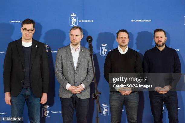 From the left: Gergely Karacsony, Zdenek Hrib, Rafal Trzaskowski and Matus Vallo, are seen during a press conference. Rafal Trzaskowski - Mayor of...