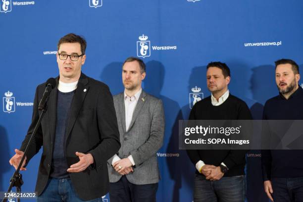 Mayor of Budapest, Gergely Karacsony speaks during a press conference. Rafal Trzaskowski - Mayor of Warsaw, Gergely Karacsony - Mayor of Budapest,...