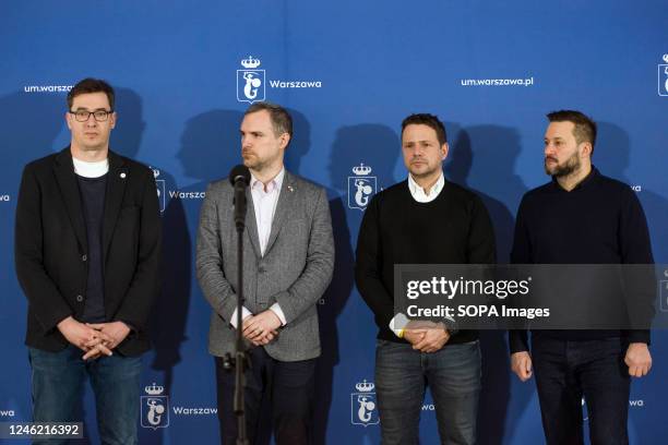 From the left: Gergely Karacsony, Zdenek Hrib, Rafal Trzaskowski and Matus Vallo, are seen during a press conference. Rafal Trzaskowski - Mayor of...