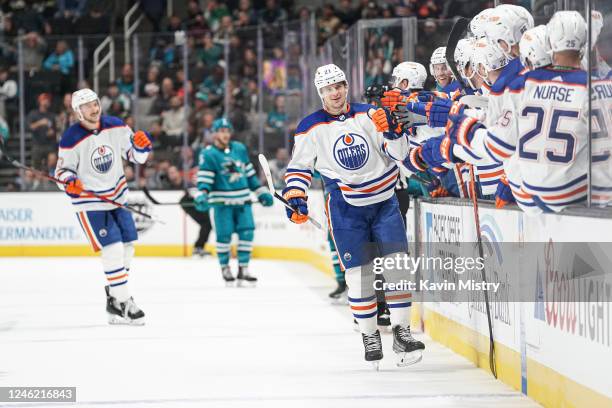 Klim Kostin of the Edmonton Oilers celebrates scoring a goal against the San Jose Sharks at SAP Center on January 13, 2023 in San Jose, California.