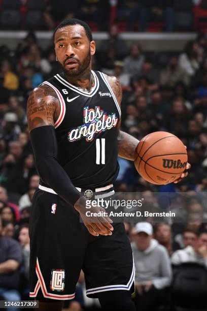 John Wall of the LA Clippers dribbles the ball during the game against the Denver Nuggets on January 13, 2023 at Crypto.Com Arena in Los Angeles,...