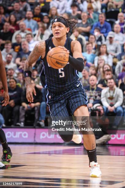 Paolo Banchero of the Orlando Magic handles the ball during the game against the Utah Jazz on January 13, 2023 at vivint.SmartHome Arena in Salt Lake...