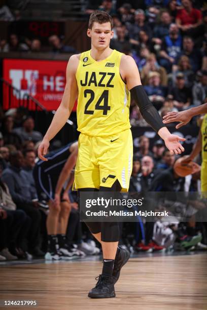 Walker Kessler of the Utah Jazz looks on during the game against the Orlando Magic on January 13, 2023 at vivint.SmartHome Arena in Salt Lake City,...