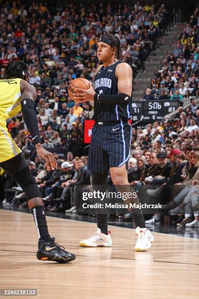 Paolo Banchero of the Orlando Magic handles the ball during the game against the Utah Jazz on January 13, 2023 at vivint.SmartHome Arena in Salt Lake...