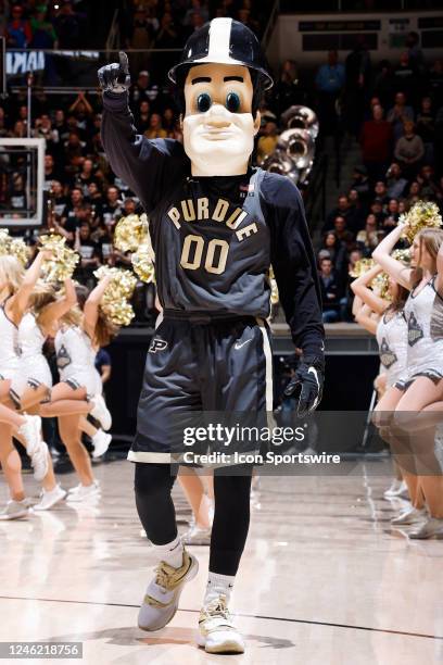 Purdue Boilermakers mascot Purdue Pete is seen during a college basketball game against the Nebraska Cornhuskers on January 14, 2023 at Mackey Arena...