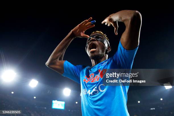 Victor Osimhen of SSC Napoli celebrates after the goal of 2-0 scored by Khvicha Kvaratskhelia of SSC Napoli during the Serie A match between SSC...