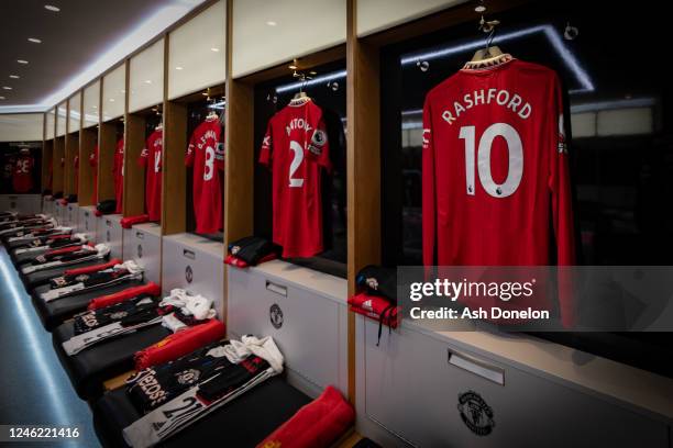 General View of home kit in the Manchester United dressing room prior to the Premier League match between Manchester United and Manchester City at...