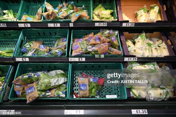 Vegetables, including lettuce and salad leaves, wrapped in plastic packaging, are pictured in a Tesco supermarket, west of London on January 14,...