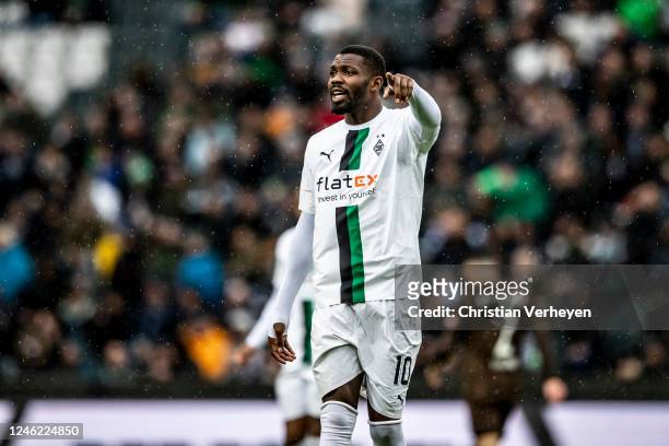 Marcus Thuram of Borussia Moenchengladbach in action during a friendly match between Borussia Moenchengladbach and FC St. Pauli at Borussia-Park on...