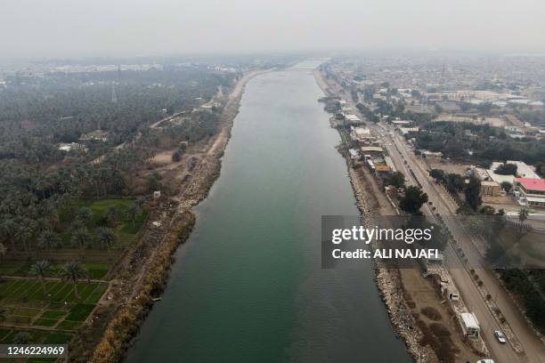 Iraq Best Rivers An aerial view shows the water level in the Euphrates river as seen ...