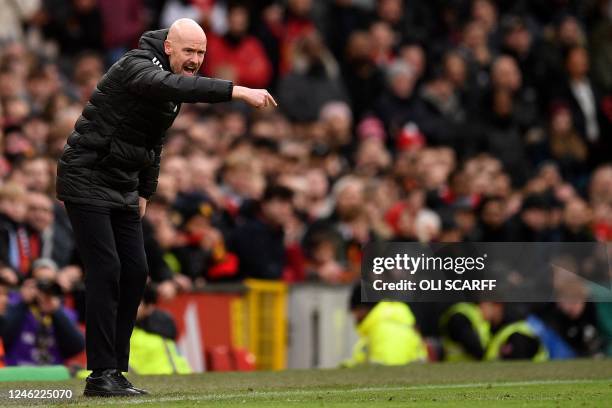 Manchester United's Dutch manager Erik ten Hag shouts instructions to the players from the touchline during the English Premier League football match...