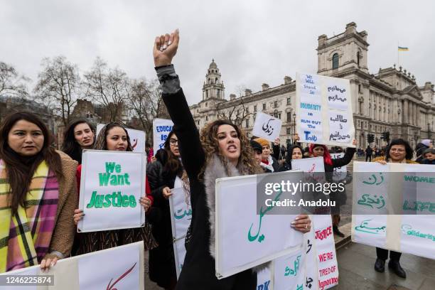 Afghan women demonstrate outside Houses of Parliament for the right of all women to education, work and freedom in response to Afghanistanâs Taliban...