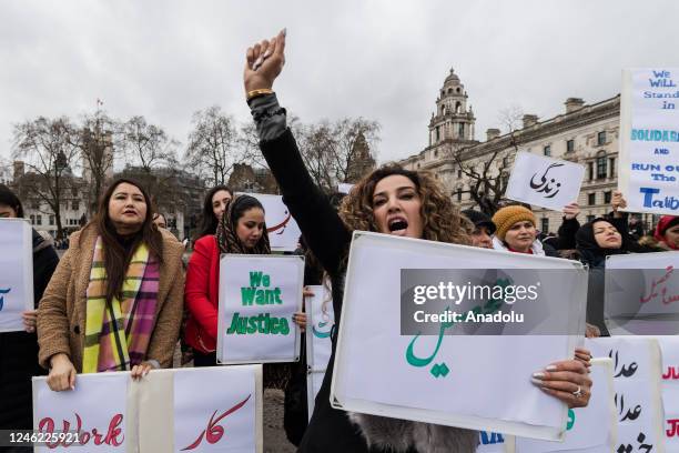 Afghan women demonstrate outside Houses of Parliament for the right of all women to education, work and freedom in response to Afghanistanâs Taliban...