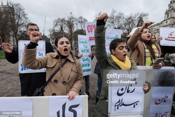 Afghan women demonstrate outside Houses of Parliament for the right of all women to education, work and freedom in response to Afghanistanâs Taliban...
