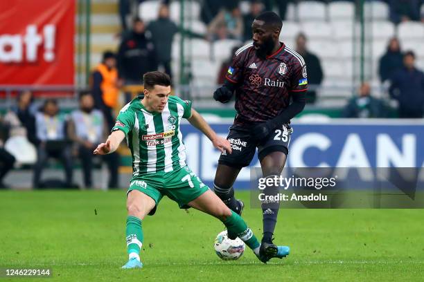 Konrad Michalak of Konyaspor in action against Arthur Masuaku of Besiktas during Turkish Super Lig match between Arabam.com Konyaspor and Besiktas at...