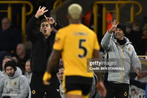 Wolverhampton Wanderers' Spanish head coach Julen Lopetegui shouts instructions to the players from the touchline during the English Premier League...