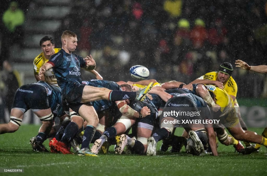 Ulster Rugby Rugby Ruck Ulster's Irish scrum-half Nathan Doak kicks the ball out of a scrum ...