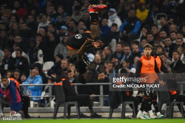 Lorient's Nigerian forward Terem Moffi celebrates scoring his team's first goal during the French L1 football match between Olympique Marseille and...
